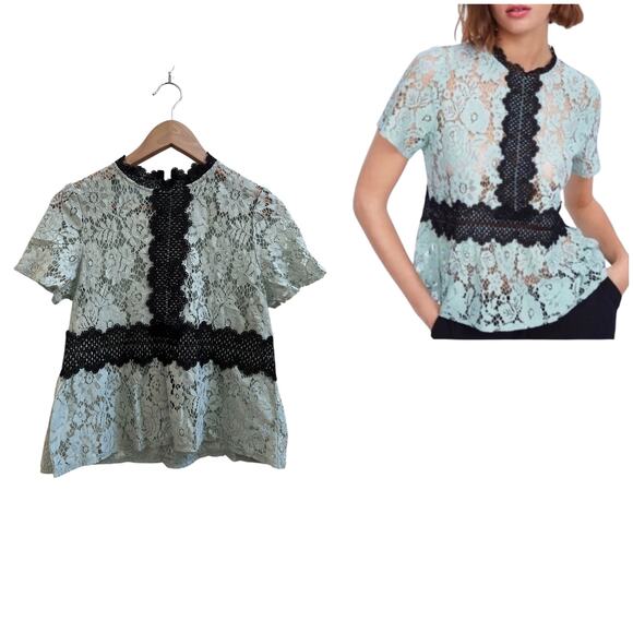 Zara Seafoam Green Black Crochet Embroidered Detail Sheer Peplum Blouse Small - Picture 2 of 12
